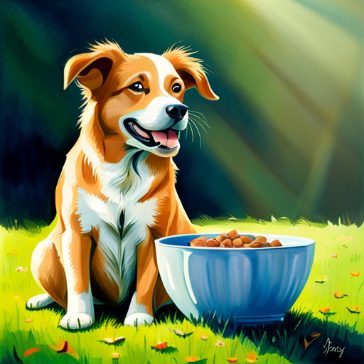 An image featuring a joyful, tail-wagging dog sitting next to a pristine, empty bowl, surrounded by vibrant, green grass