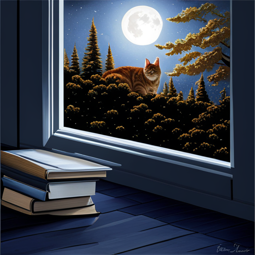 An image showcasing a moonlit room with a slumbering cat positioned near a windowsill, casting a faint silhouette against the night sky