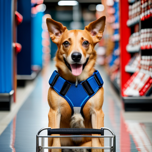 An image of a well-behaved dog calmly sitting beside a shopping cart filled with home improvement supplies