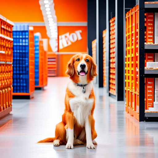 An image showcasing a friendly canine, tail wagging, exploring the aisles of Home Depot