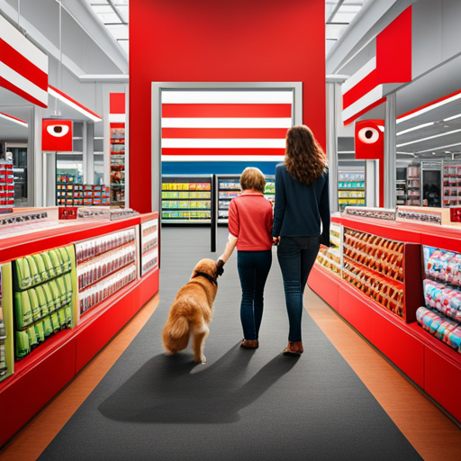 An image showcasing a joyful scene of a well-behaved dog wagging its tail, accompanied by its owner, strolling through the aisles of a Target store