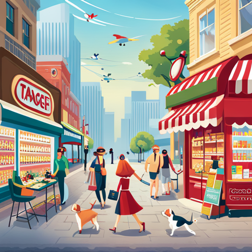 An image showcasing a variety of dog-friendly alternatives to Target, depicting a park with cheerful canines playing fetch, a cozy pet store aisle, and a trendy dog-friendly café with furry friends enjoying treats and socializing
