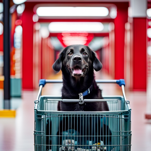 An image capturing a joyful dog sitting patiently in a shopping cart outside Target's entrance, while customers smile and engage with the friendly pup, showcasing the positive customer experiences and reviews regarding Target's dog-friendly policy