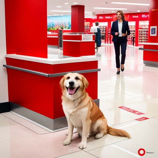 An image showcasing a friendly, tail-wagging dog sitting obediently beside a smiling employee at a Target store entrance