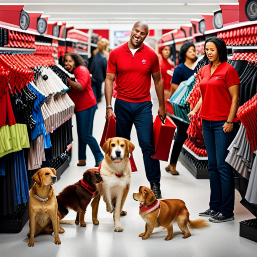 An image capturing the chaotic scene of a crowded Target store, with dogs of various sizes causing potential concerns and challenges