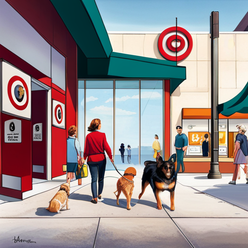 An image showcasing a cheerful family with their leashed dog patiently waiting outside a Target entrance