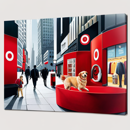 An image featuring a bustling Target store interior, where a friendly golden retriever happily sits by its owner's side near the entrance, while shoppers pass by, some smiling and petting the dog