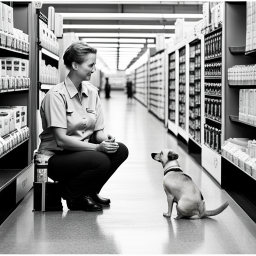 An image showcasing a friendly, leashed dog sitting calmly next to its owner in a Walmart store aisle, while a helpful staff member smiles and assists nearby
