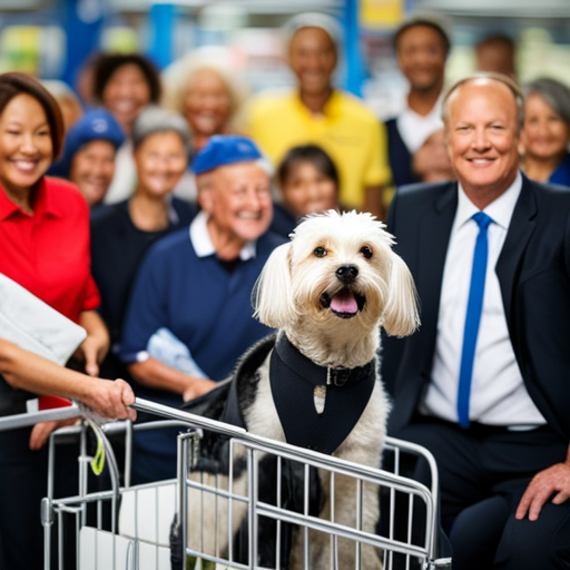An image showcasing a well-behaved dog calmly sitting in a shopping cart in a Walmart store, surrounded by smiling shoppers who appreciate the pet's presence