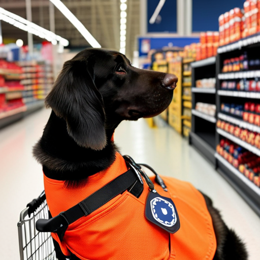An image showcasing a service dog wearing a bright orange vest, calmly sitting beside a shopping cart inside a Walmart store