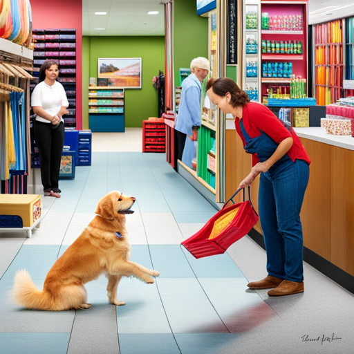 An image capturing a joyful golden retriever wagging its tail while being petted by a smiling Walmart customer, showcasing the heartwarming bond between dogs and patrons in the store