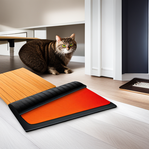 An image showcasing a diverse range of cat scratch pads, capturing their unique designs, materials, and shapes