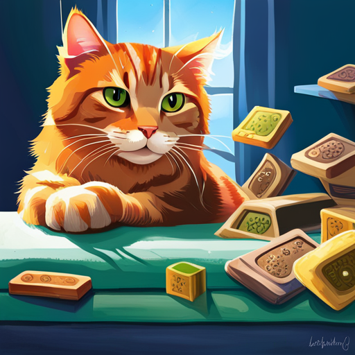 An image of an adorable ginger tabby cat, happily scratching its claws on a vibrant, eco-friendly cat scratch pad, surrounded by scattered catnip toys and basking in the sunlight pouring through a nearby window