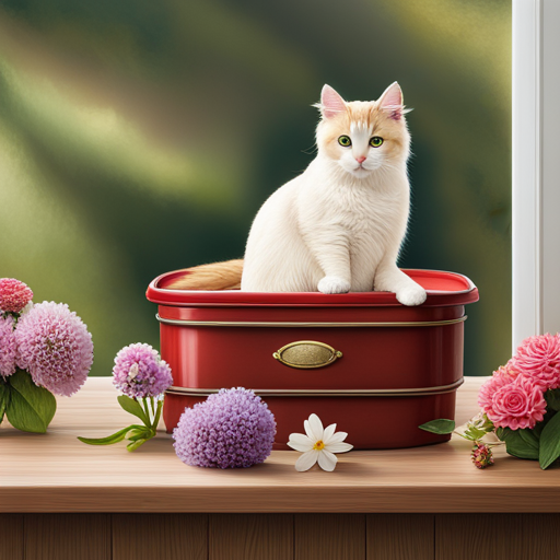 An image showcasing a contented cat perched atop a pristine litter box, surrounded by a sparkling clean living space, with the delightful aroma of fresh flowers filling the air