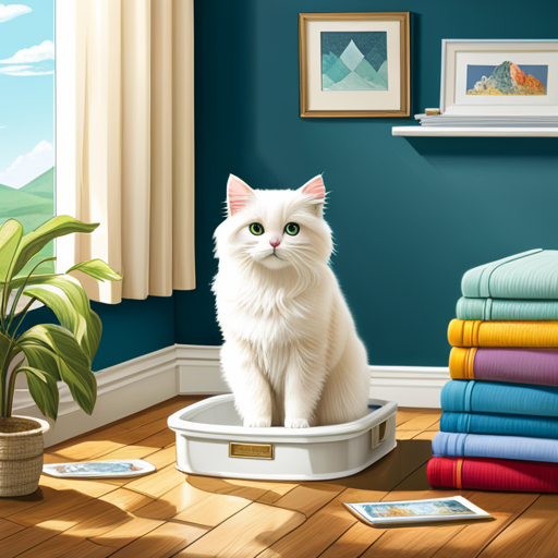 An image showcasing a serene, sunlit room with a fluffy white cat elegantly perched on a pristine litter box filled with Cats Pride Litter, surrounded by delicate paw prints that exude freshness and cleanliness