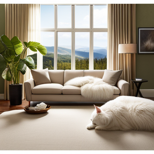 An image showcasing a serene living room, adorned with soft, plush furniture covered in pristine white cat hair