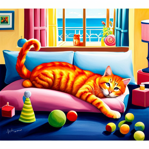 An image of a serene, sunlit room adorned with vibrant, cat-themed decor