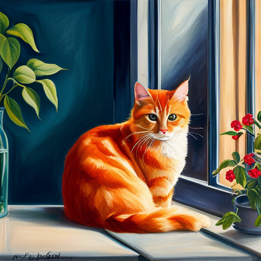 An image capturing a mischievous tabby cat with soft, velvety ginger fur, perched on a windowsill