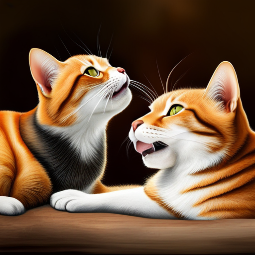 An image capturing the intimate moment of two cats in synchronized yawns, their eyes half-closed in contentment, showcasing the powerful connection and social bonding that yawning fosters among feline companions