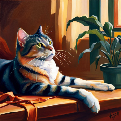 An image capturing the essence of relaxation: a serene cat, bathed in warm sunlight, reclining in a cozy spot