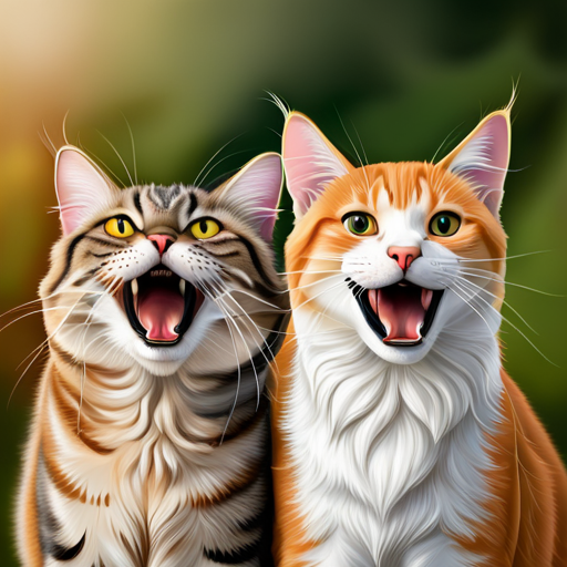 An image capturing a close-up of two sleepy cats, mouths wide open mid-yawn, as one cat's yawn triggers an identical response in the other