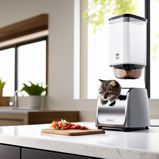 An image showcasing a sleek, modern kitchen with an automatic cat feeder discreetly placed on the countertop