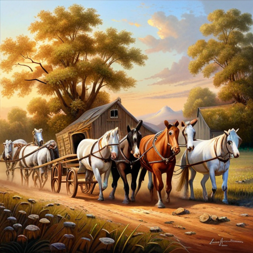 An image showcasing a team of sturdy horses and diligent cows, harnessed together, pulling a wooden cart laden with farm tools, symbolizing the harmonious unity between these animals in the realm of work and transportation