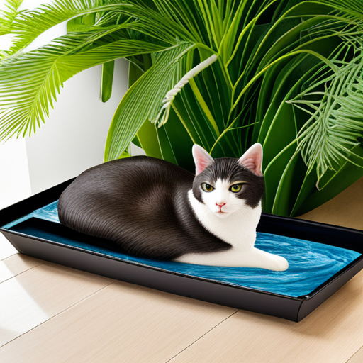 An image showcasing a cat lounging beside a sleek, modern water fountain, with cascading water gently flowing into a shallow basin