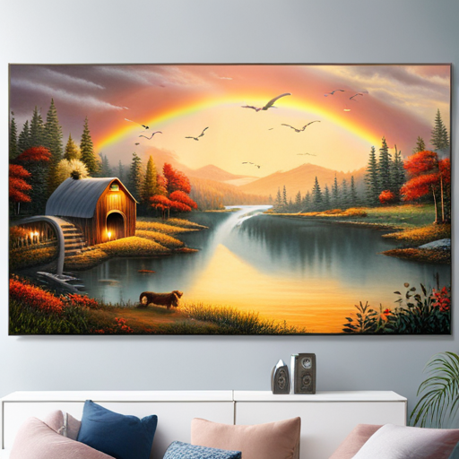 An image depicting a serene, ethereal landscape with a majestic rainbow bridge spanning across it, evoking cultural and folklore beliefs about whether dogs transcend to heaven