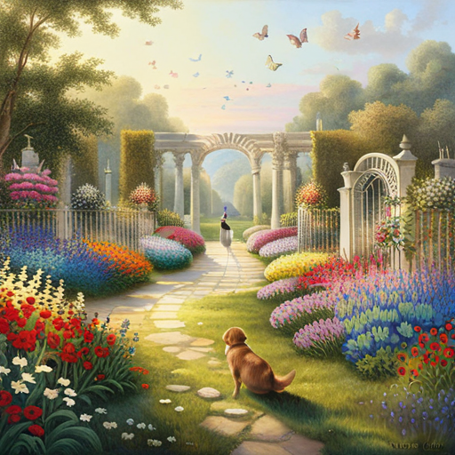 An image of a serene, ethereal garden filled with vibrant flowers and playful butterflies