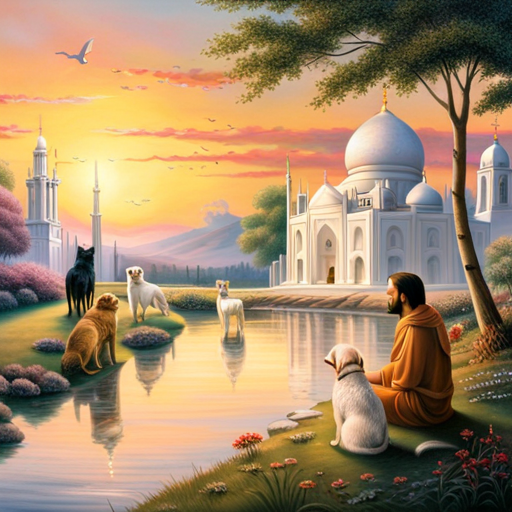 An image depicting a serene, ethereal landscape where dogs of different breeds peacefully coexist alongside symbols representing various religious beliefs, highlighting the diverse interpretations of the afterlife across different faiths