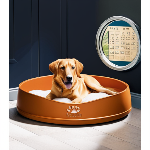 An image showcasing a serene, sunlit room with a comfortable dog bed, a water dish, and a calendar highlighting specific dates