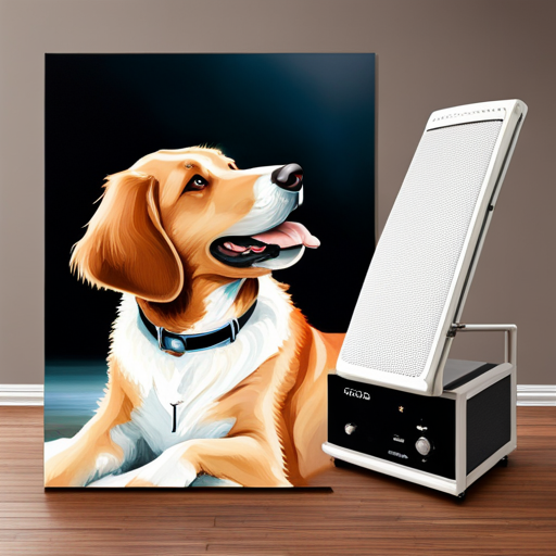 An image showcasing a contented dog sitting next to a stereo, with soft melodious notes floating in the air