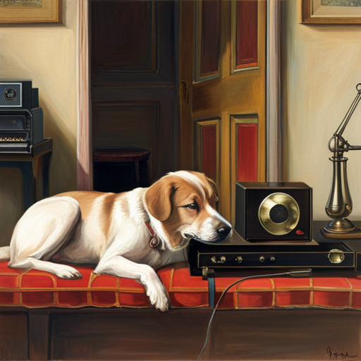 An image showcasing a contented dog lying beside a stereo, ears perked up, eyes closed in bliss, as melodious notes gracefully fill the room, evoking a serene and joyful response
