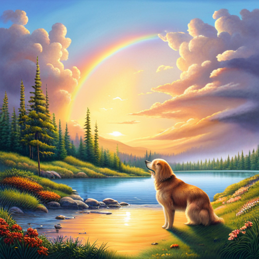 An image that depicts a serene, heavenly landscape with fluffy white clouds and a vibrant rainbow, where a loyal dog is joyfully reunited with its owner, symbolizing the eternal bond of unconditional love