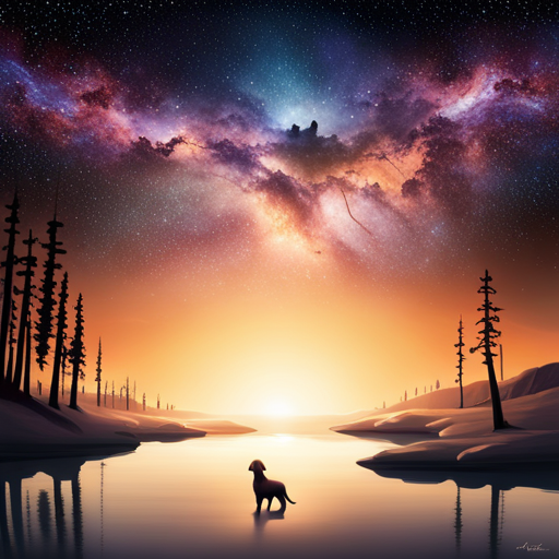 An image showcasing a serene, ethereal landscape with a dog-shaped constellation shining brightly overhead