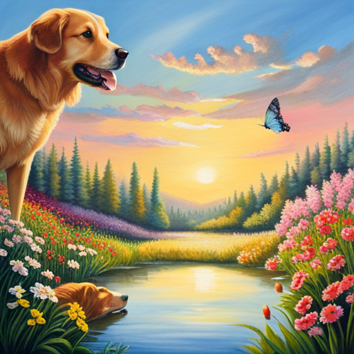 An image capturing the ethereal beauty of a sunlit meadow, with a golden retriever joyfully chasing butterflies among vibrant wildflowers