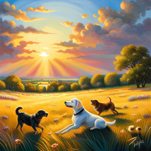 An image of a serene, golden-hued meadow with fluffy clouds overhead, where dogs of diverse breeds and sizes frolic joyfully