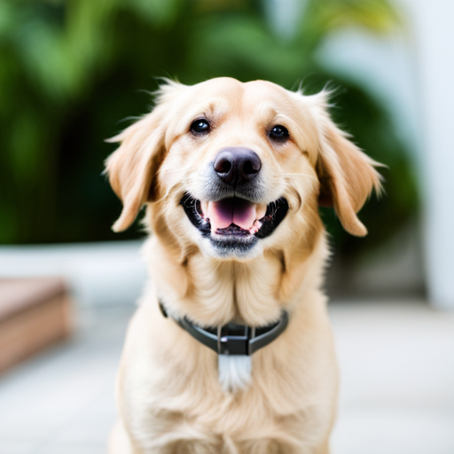 An image featuring a happy, smiling Golden Retriever wearing braces