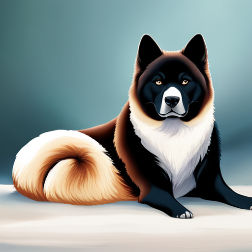 An image showcasing an Akita's distinctive curly tail, elegantly curled up and resting on its back, contrasting against the thick, plush fur
