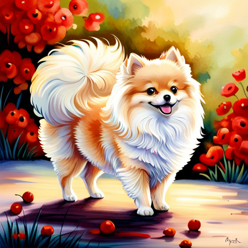  the enchanting elegance of a Pomeranian's curly tail as it gracefully curls over its back, a mesmerizing blend of fluffy fur, vibrant colors, and delightful fluffiness