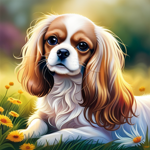  the ethereal beauty of a Cavalier King Charles Spaniel's long, silky tresses glistening in the sunlight, cascading down their petite frame, while their expressive eyes and floppy ears steal hearts effortlessly