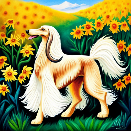 An image showcasing a regal Afghan Hound gracefully prancing through a sun-drenched meadow