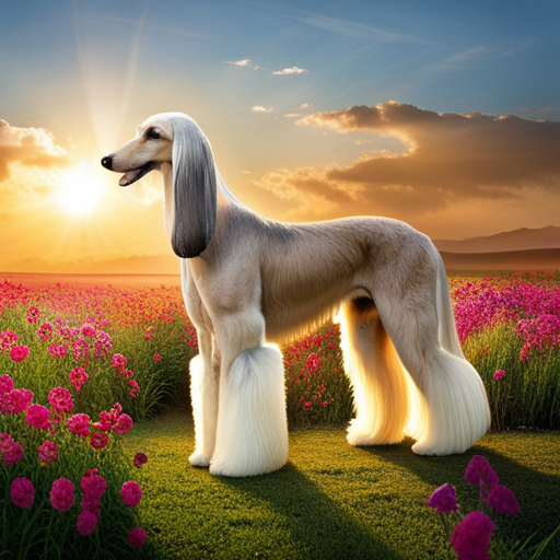the elegance of dogs with long snouts by showcasing a regal Afghan Hound, standing tall against a backdrop of a sun-kissed meadow, its slender nose gracefully pointed towards the sky