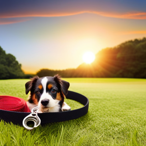 Nt sunset illuminates a serene park, where a contented dog explores freely with a retractable leash