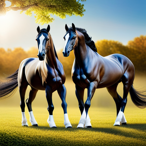 An image showcasing two majestic horses, one with strong conformation, defined muscles, and graceful movements, complemented by the other's elegant build, refined features, and gentle disposition