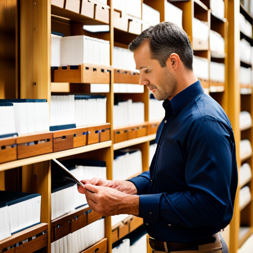 An image of a meticulous stud farm manager meticulously reviewing handwritten breeding records, surrounded by shelves of neatly organized files, meticulously documenting every detail of the horses' lineage and breeding history