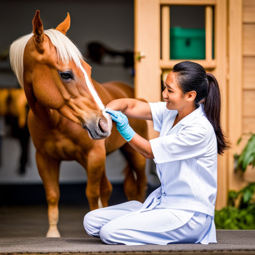 An image showcasing various treatment options for horses' croup, including acupuncture, massage therapy, hydrotherapy, and chiropractic adjustments