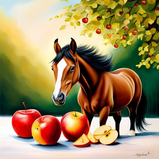 An image capturing the sheer bliss of horses savoring crisp, juicy apples