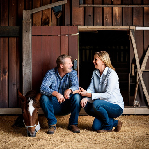 An image of two individuals in a rustic barn setting, one pointing to a horse's teeth while the other examines its hooves